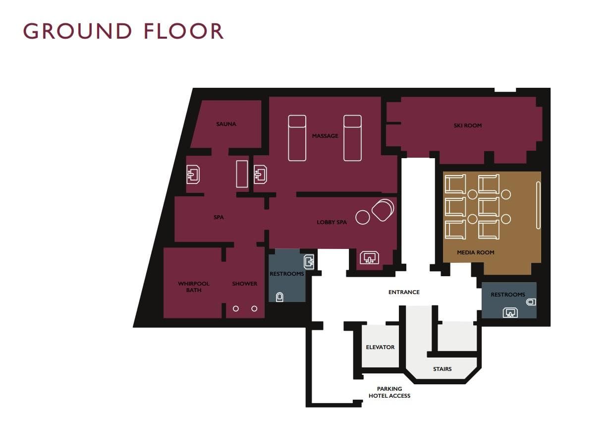 Ground floor plan: spa with sauna, media room, and ski storage