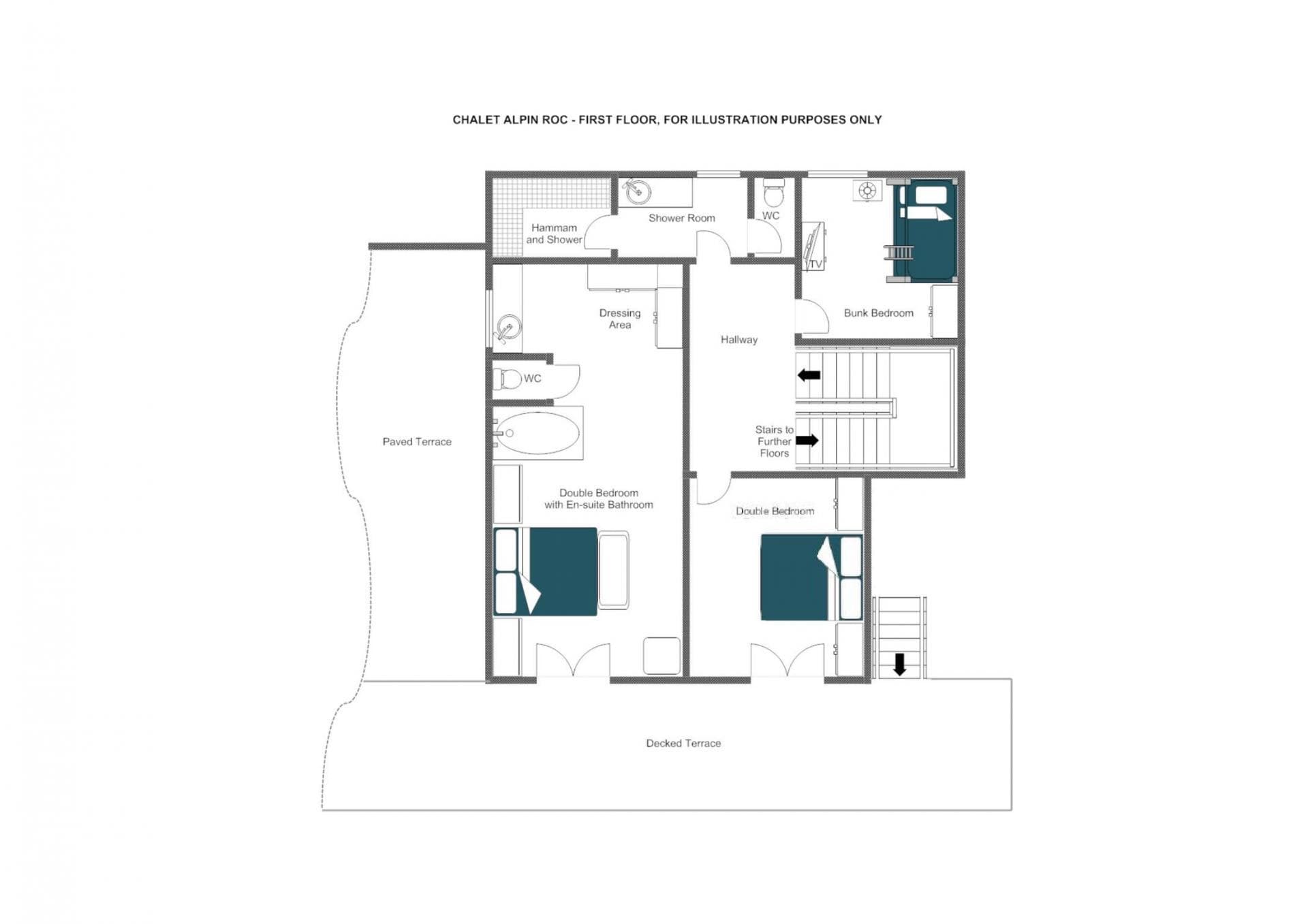 First floor layout: three bedrooms, hammam, and access to paved and decked terraces