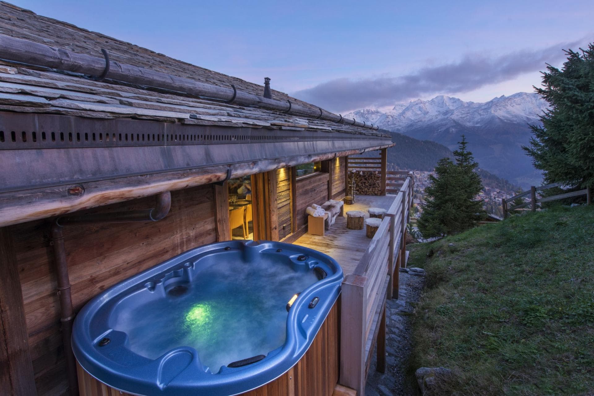 Outdoor hot tub on private deck with Mont Blanc views