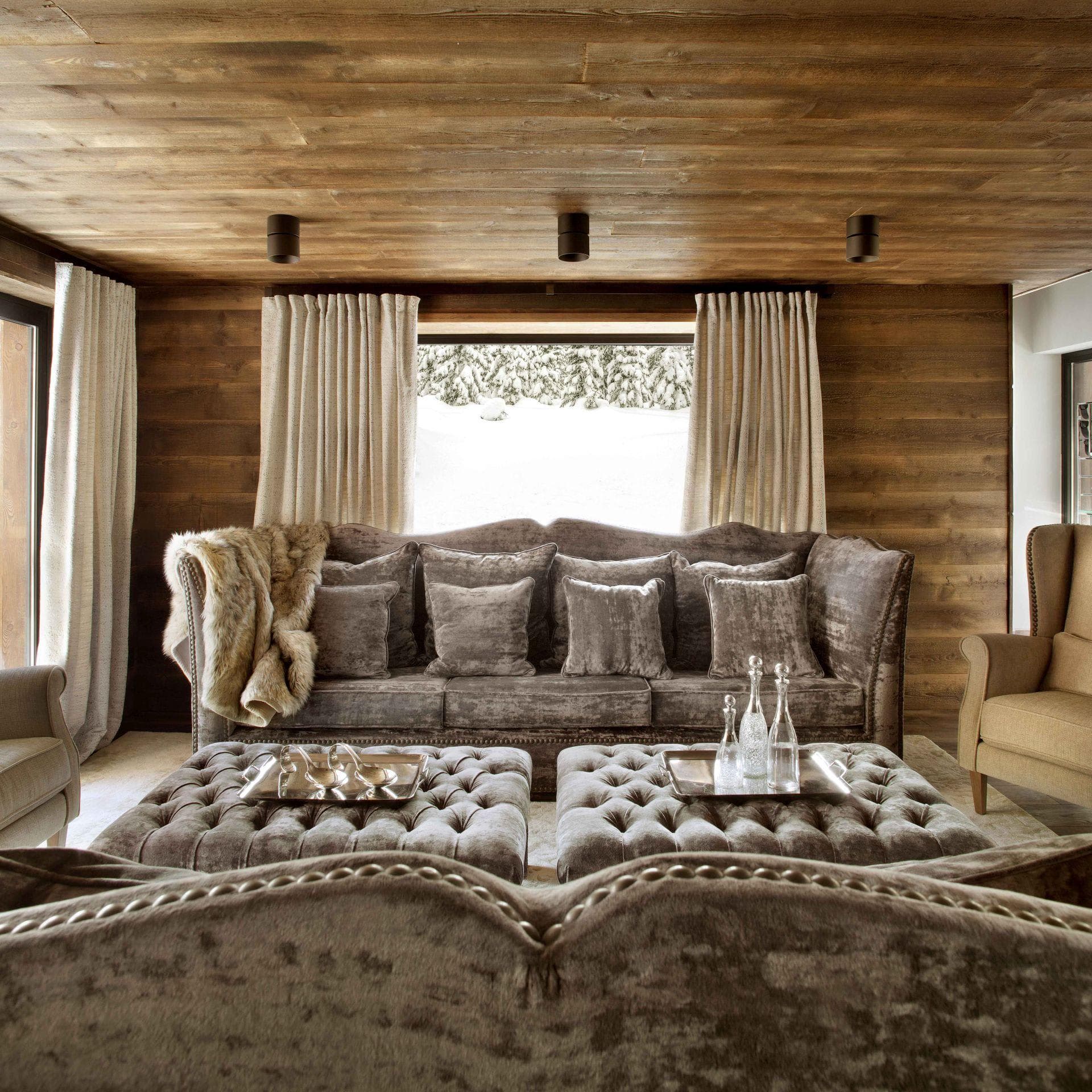 Living area with wood-paneled walls and snowy forest views