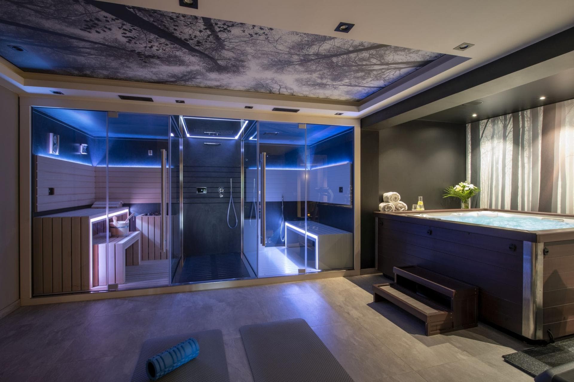 Private spa room featuring glass-walled sauna, steam shower, and indoor hot tub