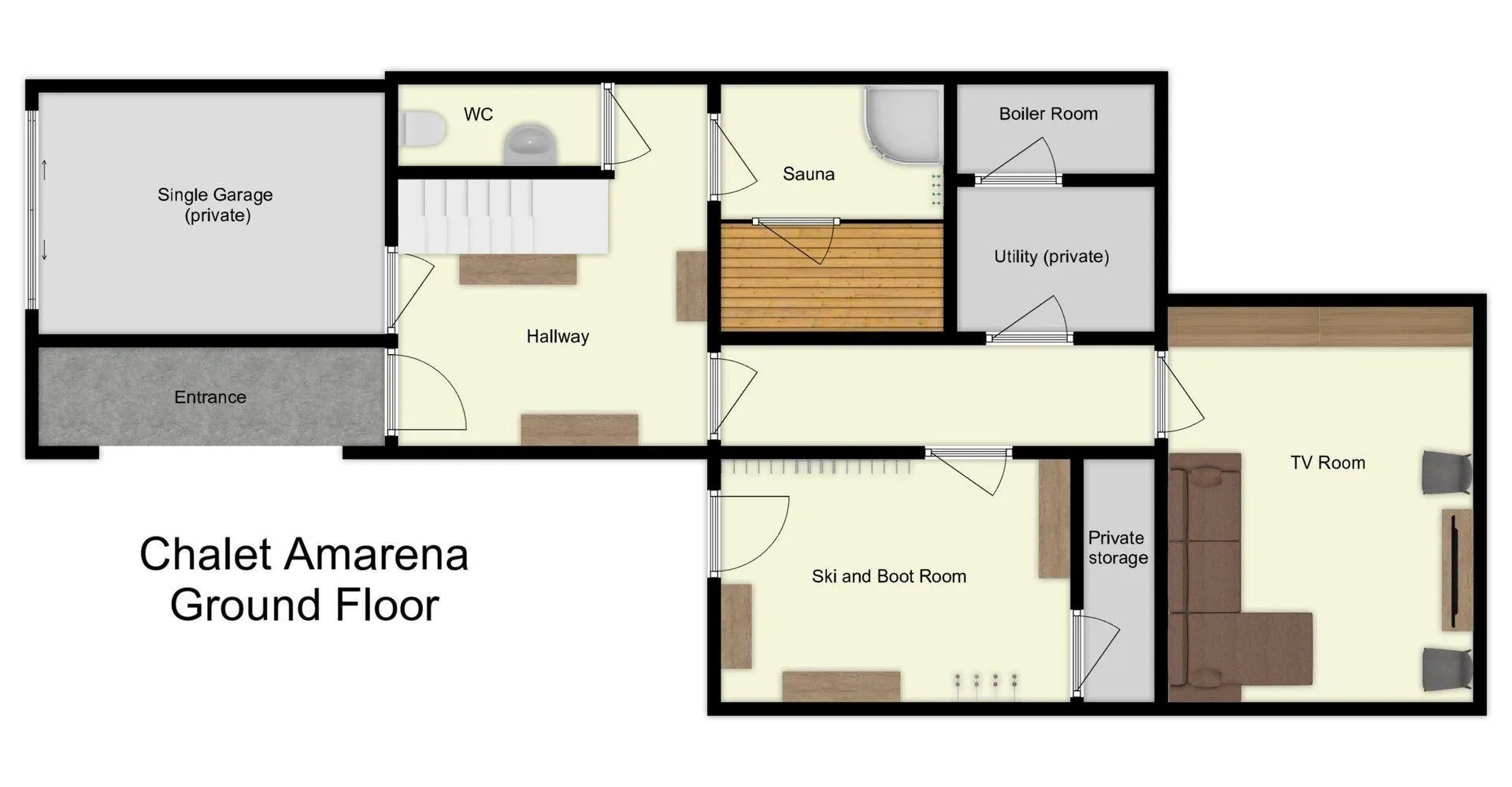 Ground floor plan: sauna, boot room, and TV and games room