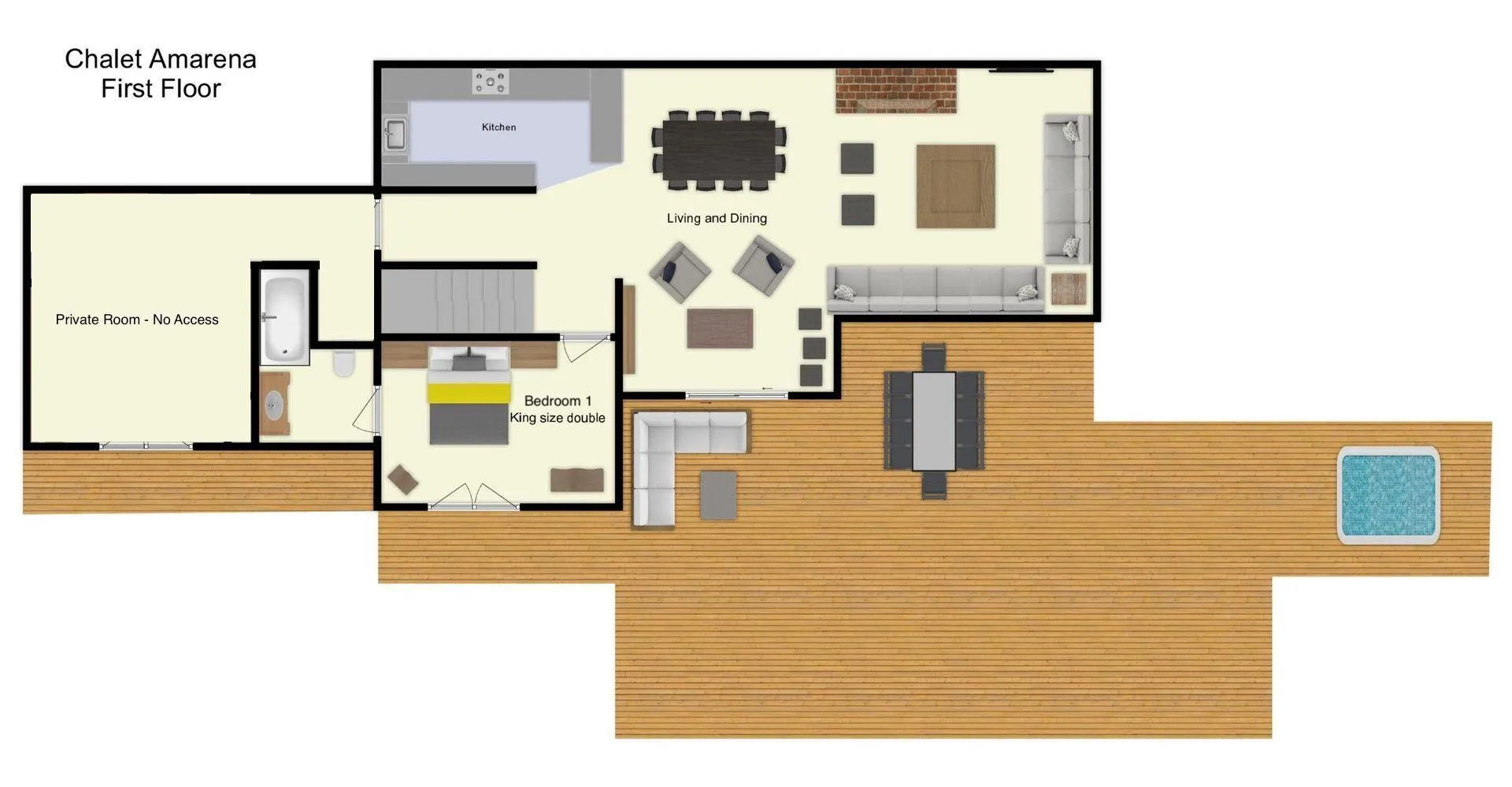 First floor layout: open-plan living, kitchen, en-suite king bedroom, and terrace with hot tub