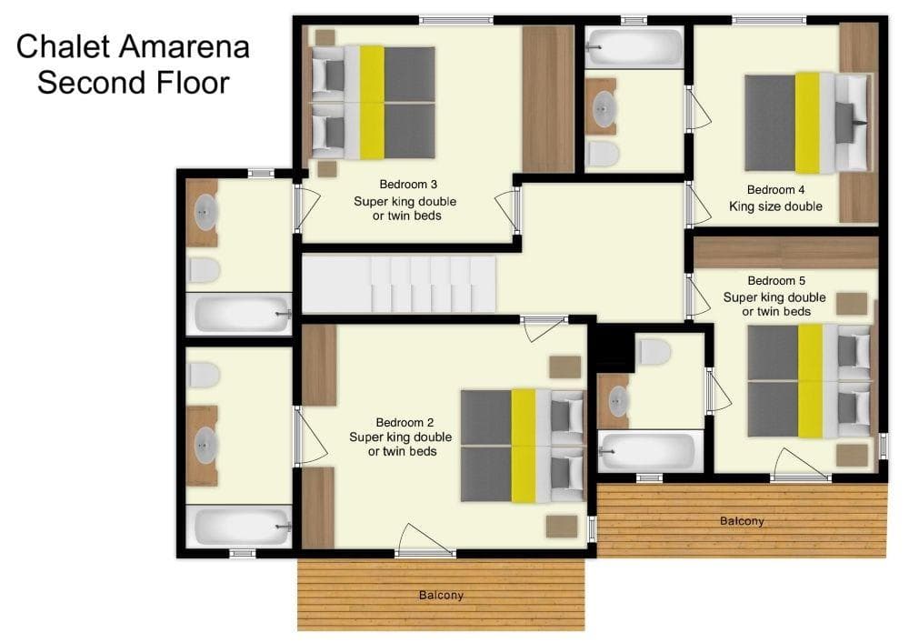 Second floor plan: four bedrooms with en-suite bathrooms and private balconies