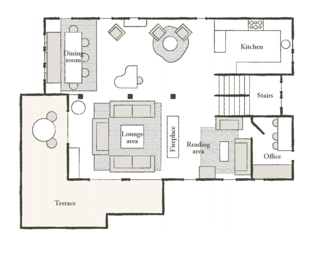 Main floor plan: kitchen, dining, lounge with fireplace, reading area, office, and terrace