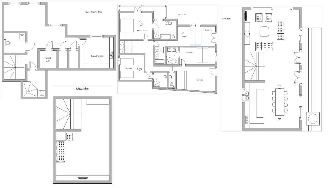 Floor plans for lower ground, ground, mezzanine, and first floor living areas