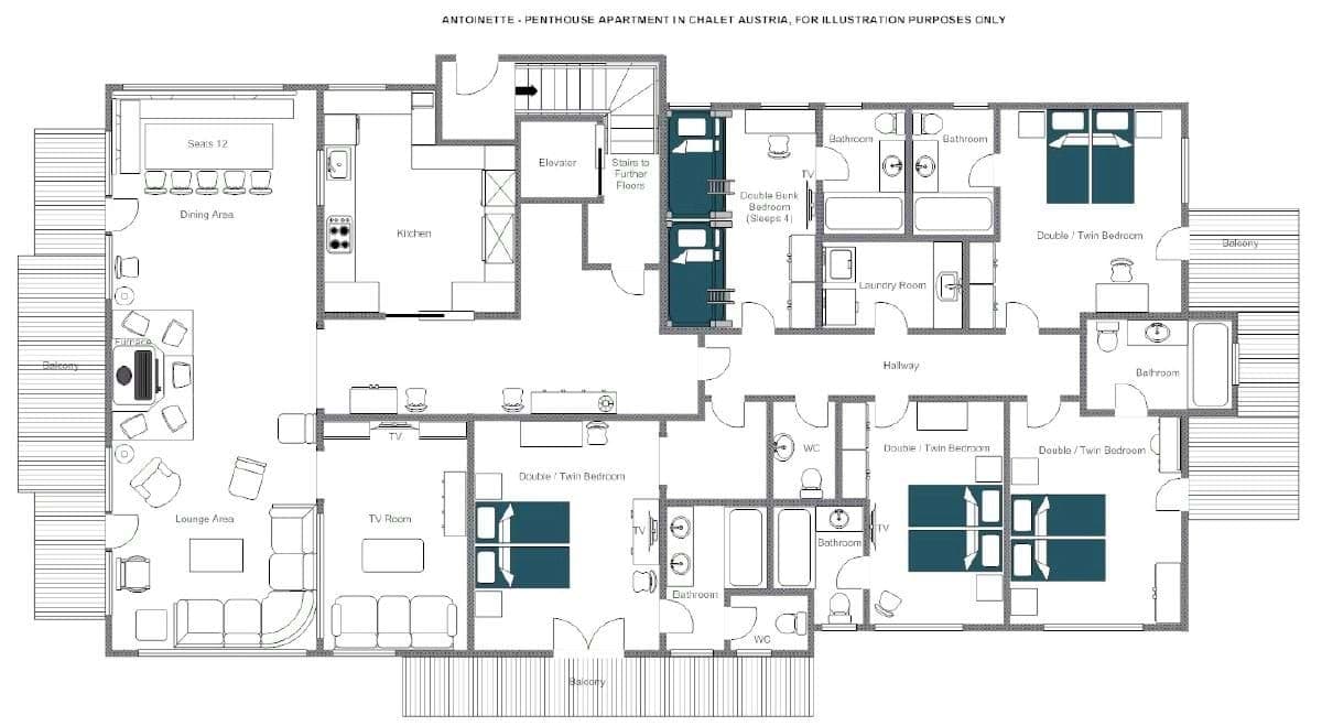 Penthouse floor plan: five bedrooms, four balconies, elevator access, and dining for 12