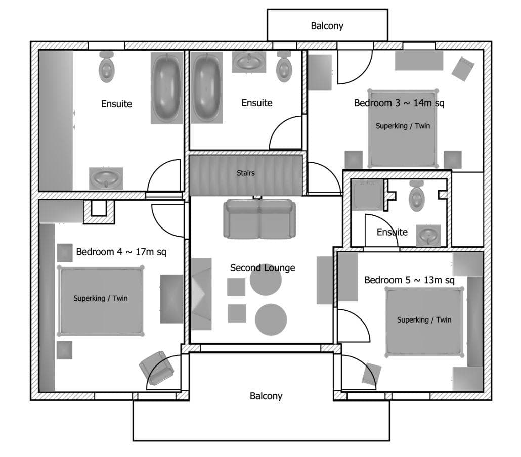 Upper floor plan with three ensuite bedrooms and flexible bedding configurations