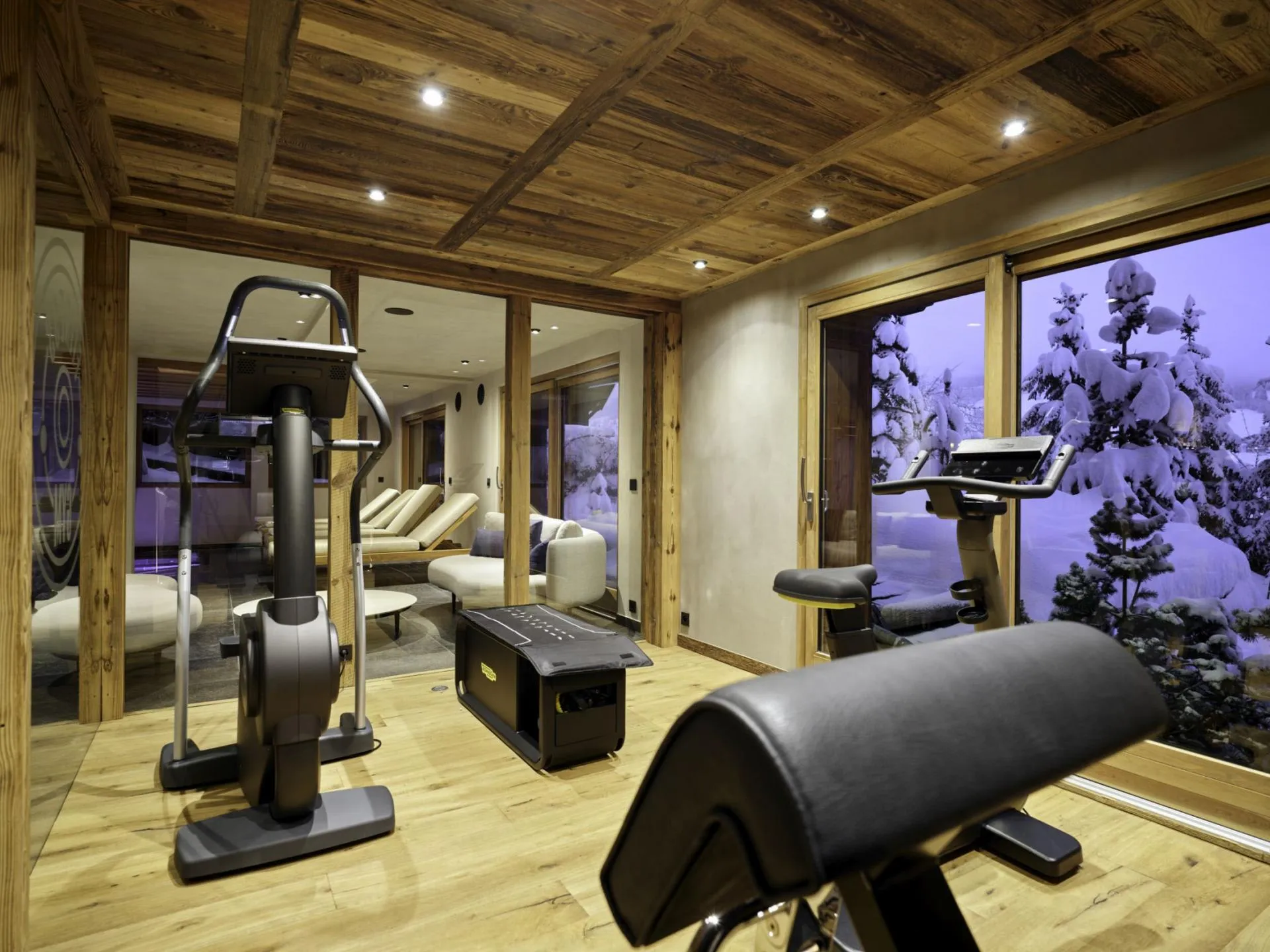 Fitness room with treadmill, exercise bike and weight bench