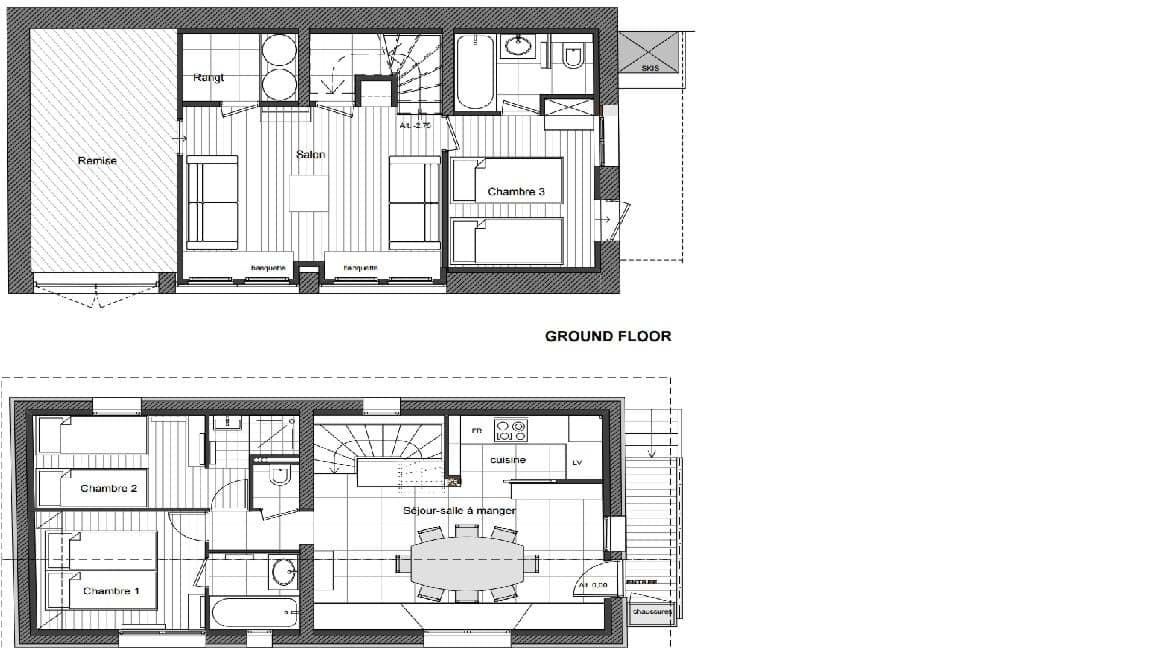Floor plans: two levels featuring three bedrooms, kitchen, dining area, and dedicated ski storage