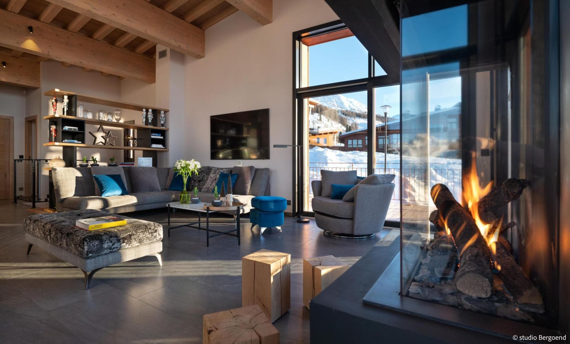 Living area with glass-enclosed fireplace and mountain views