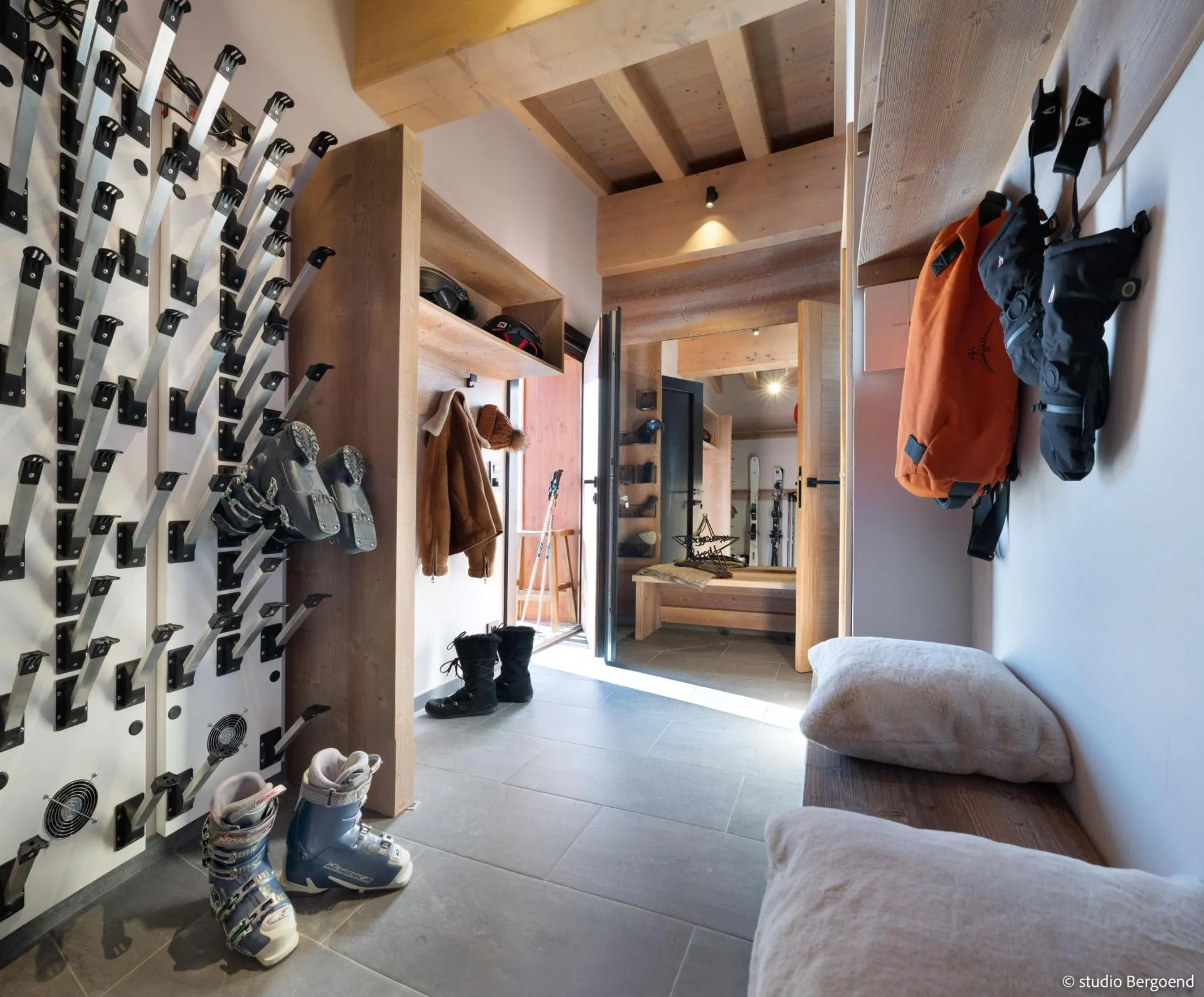 Ski room with boot warmers and bench seating
