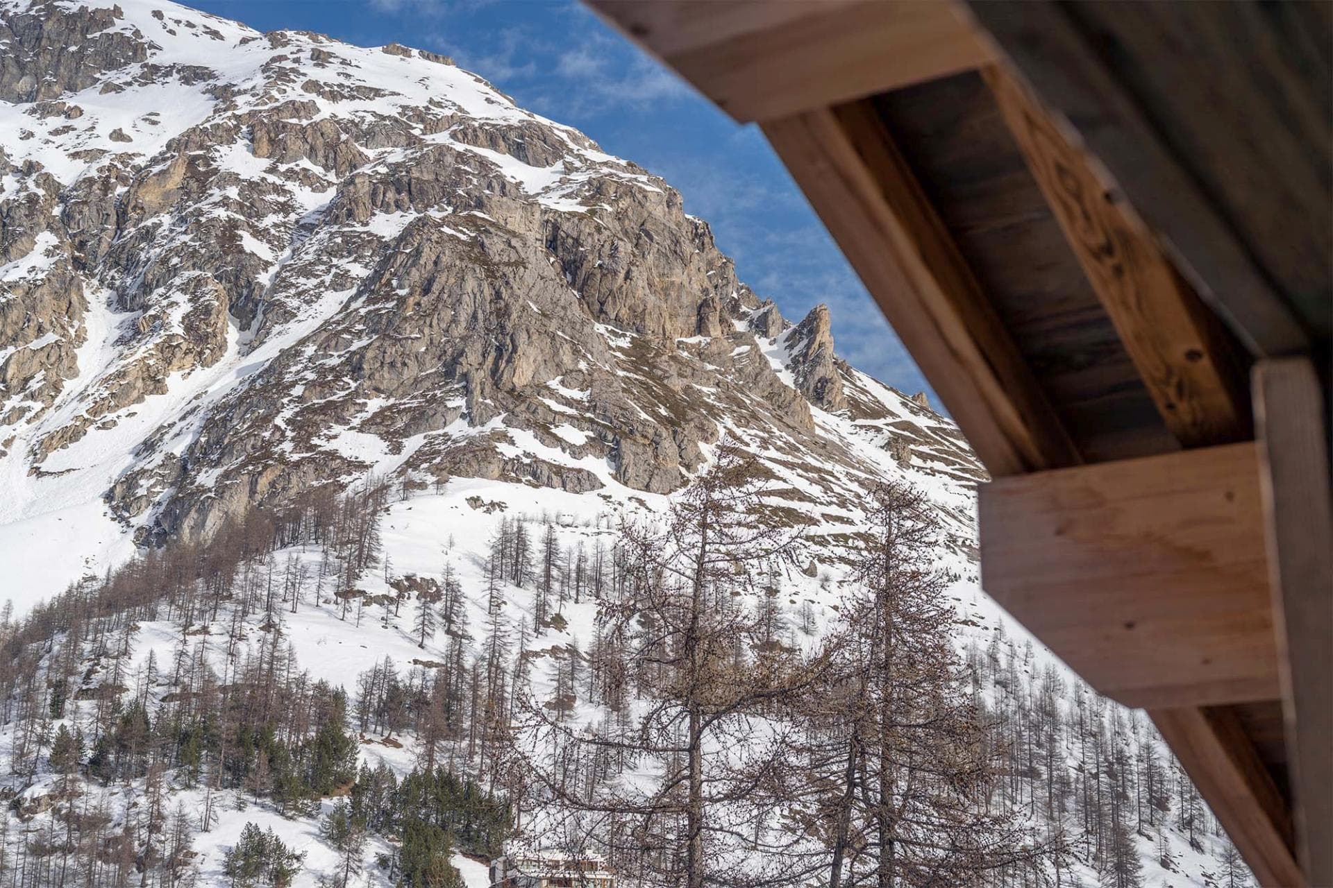 Balcony view of snow-covered mountain peaks and larch forest