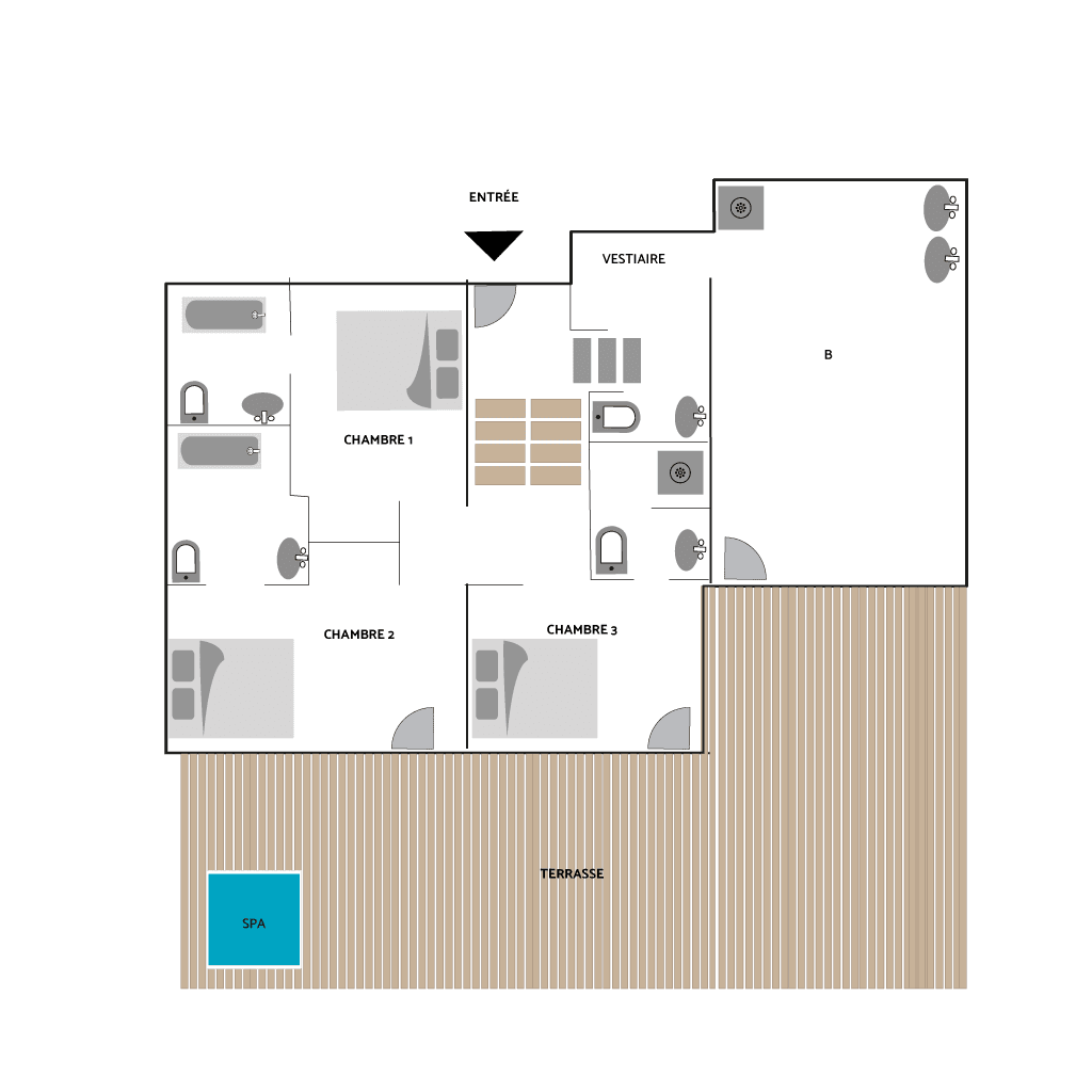 Floor plan: three bedrooms, two bathrooms, cloakroom, and terrace with spa