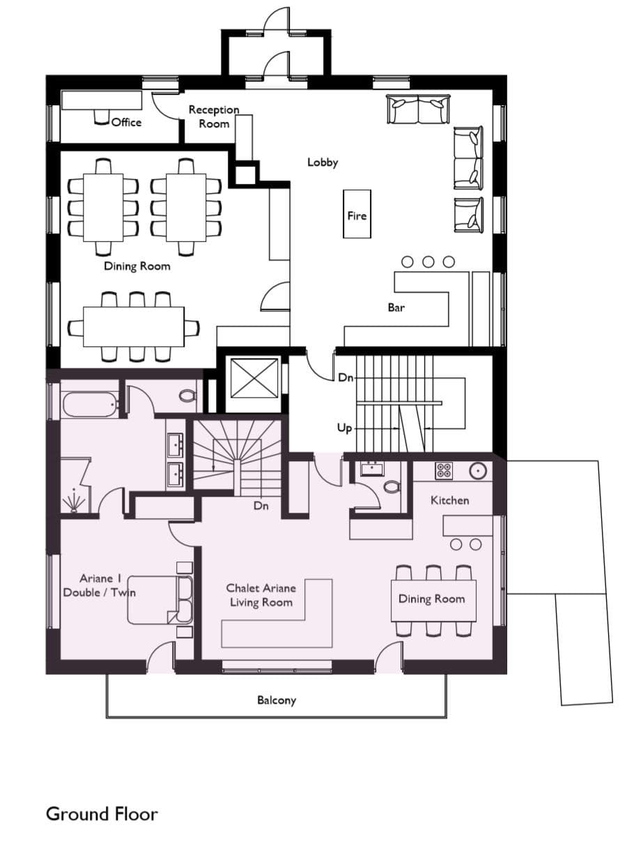 Ground floor plan: lobby bar, central fireplace, multiple dining areas, and guest suite