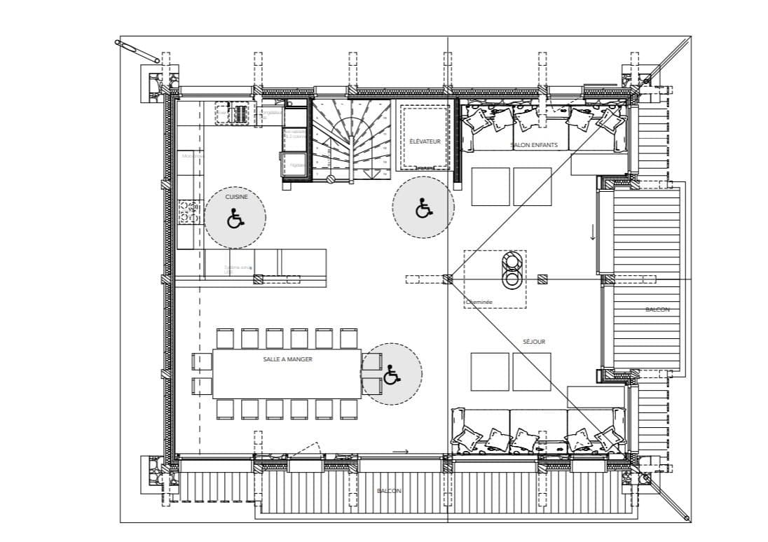 Floor plan: kitchen, dining for 12, living area, elevator, and wrap-around balcony