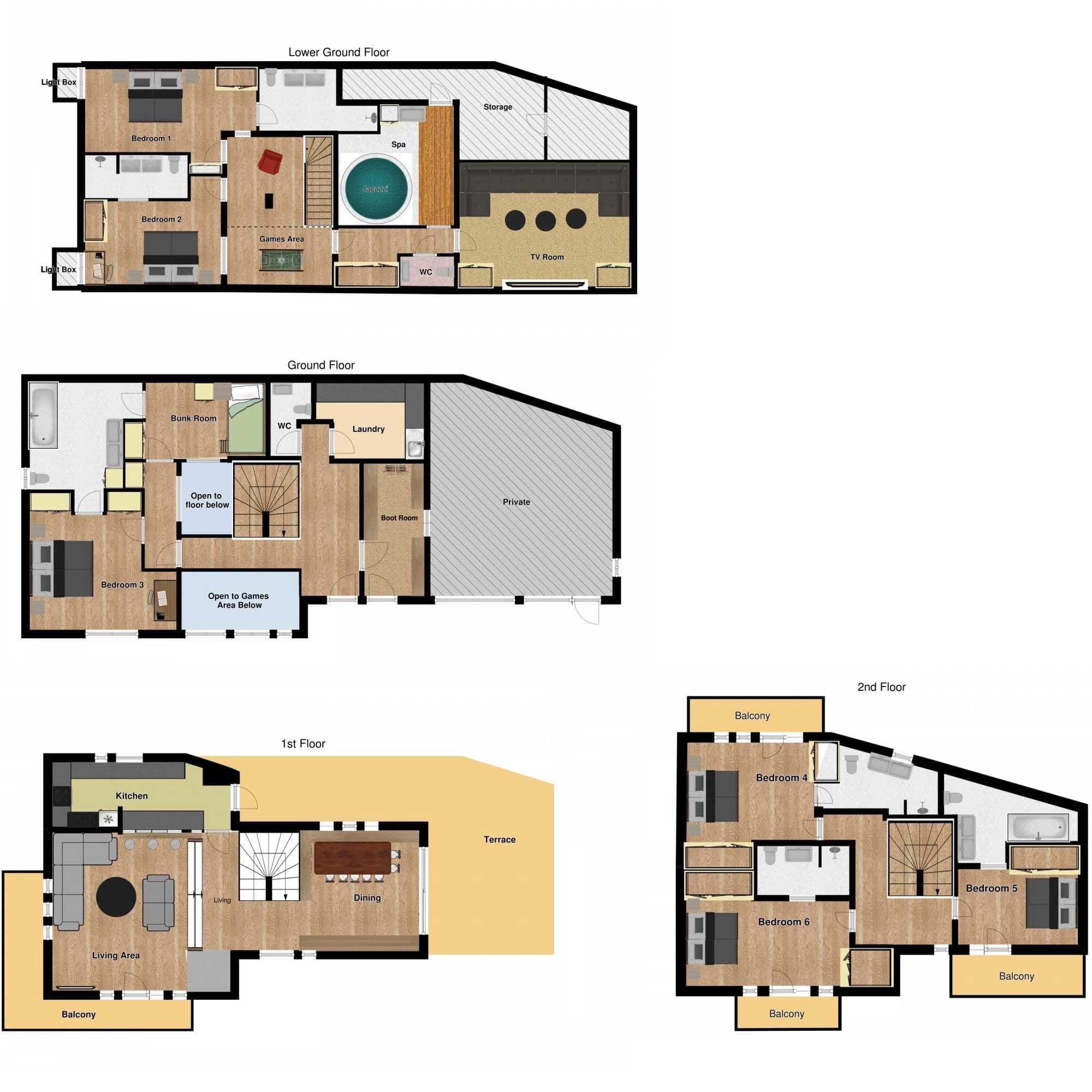 Four-level floor plan: six bedrooms, indoor spa, games area, and large terrace