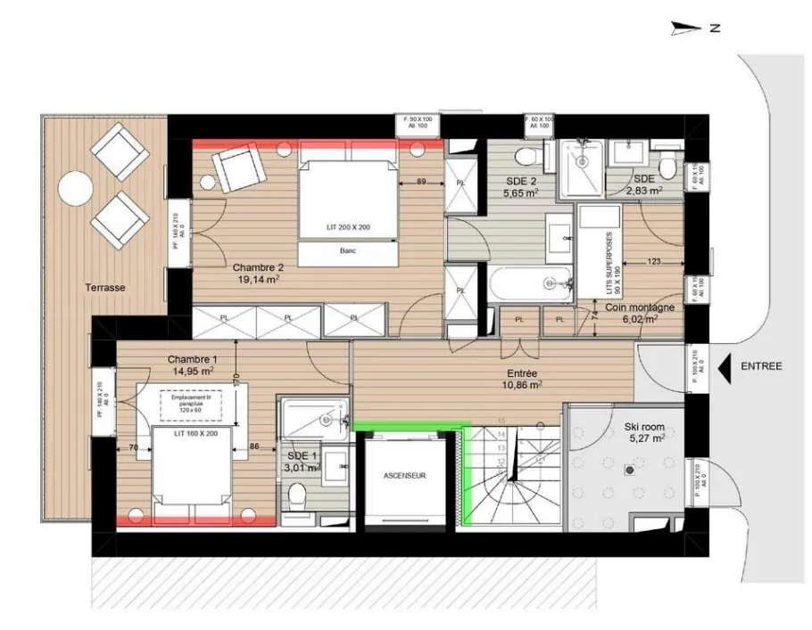 Ground Floor plan: two double bedrooms, bunk cabin, three bathrooms and ski room