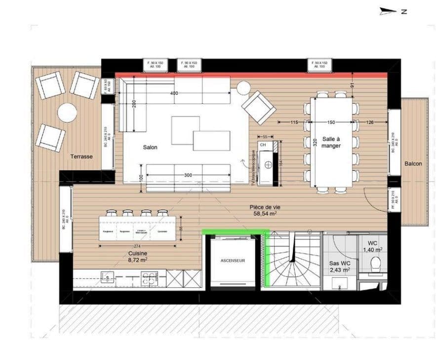 Main floor plan: open-concept living, dining for 8, kitchen, and private elevator