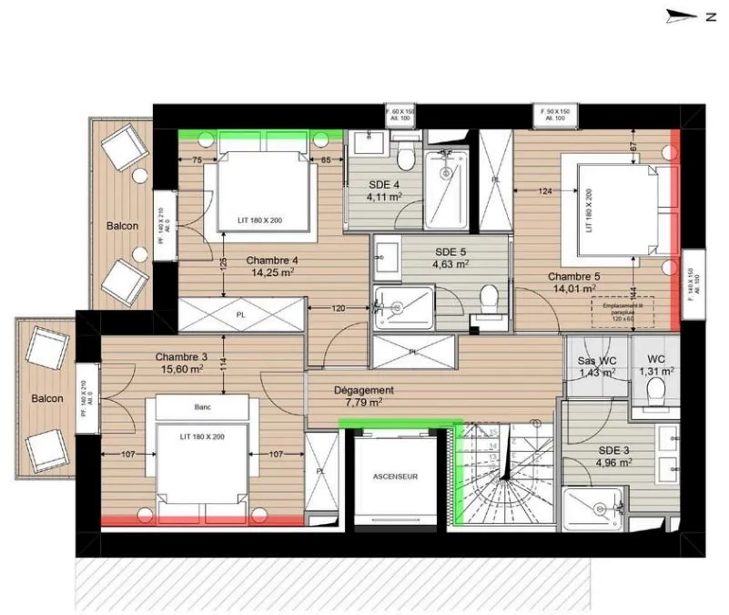 Floor 1 plan: three double bedrooms, two ensuite showers and an independent bathroom