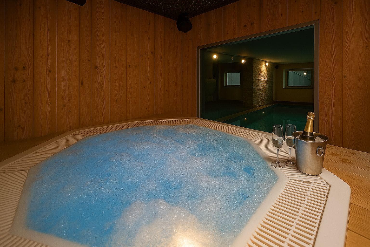 Indoor hot tub overlooking the private swimming pool