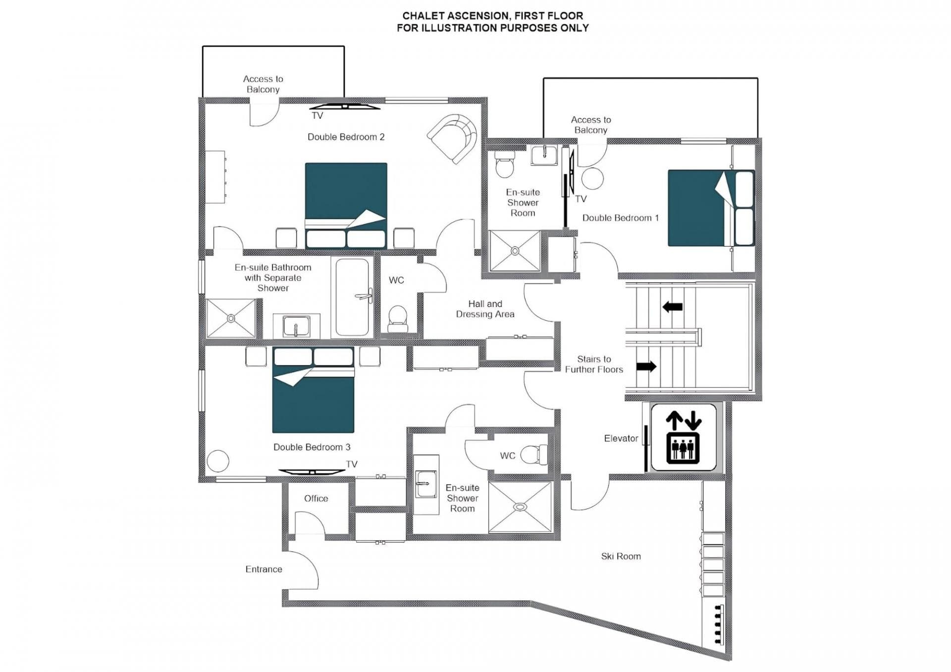First floor plan: three en-suite bedrooms, office, elevator, and ski room
