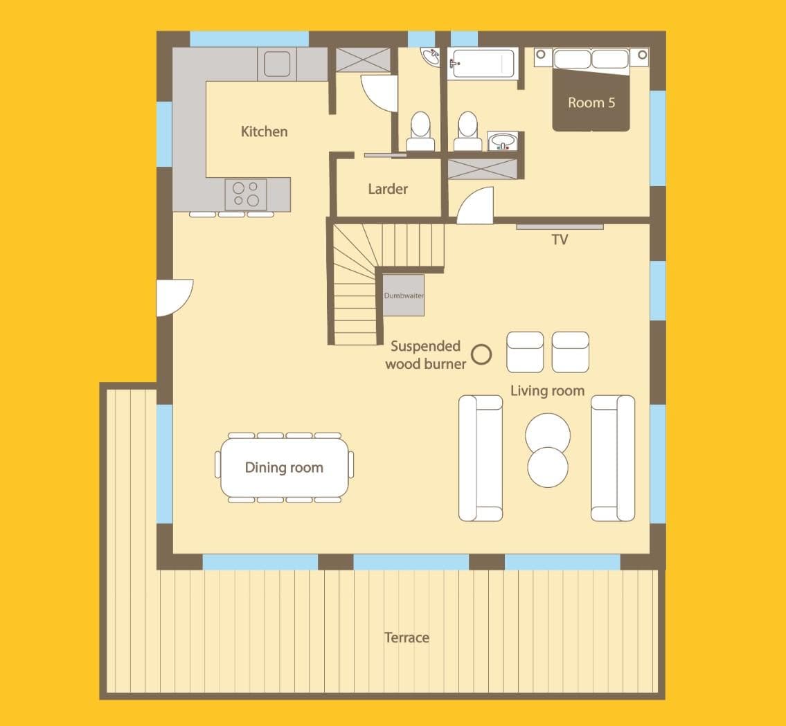Floor plan: kitchen, larder, living area with wood burner, and bedroom 5