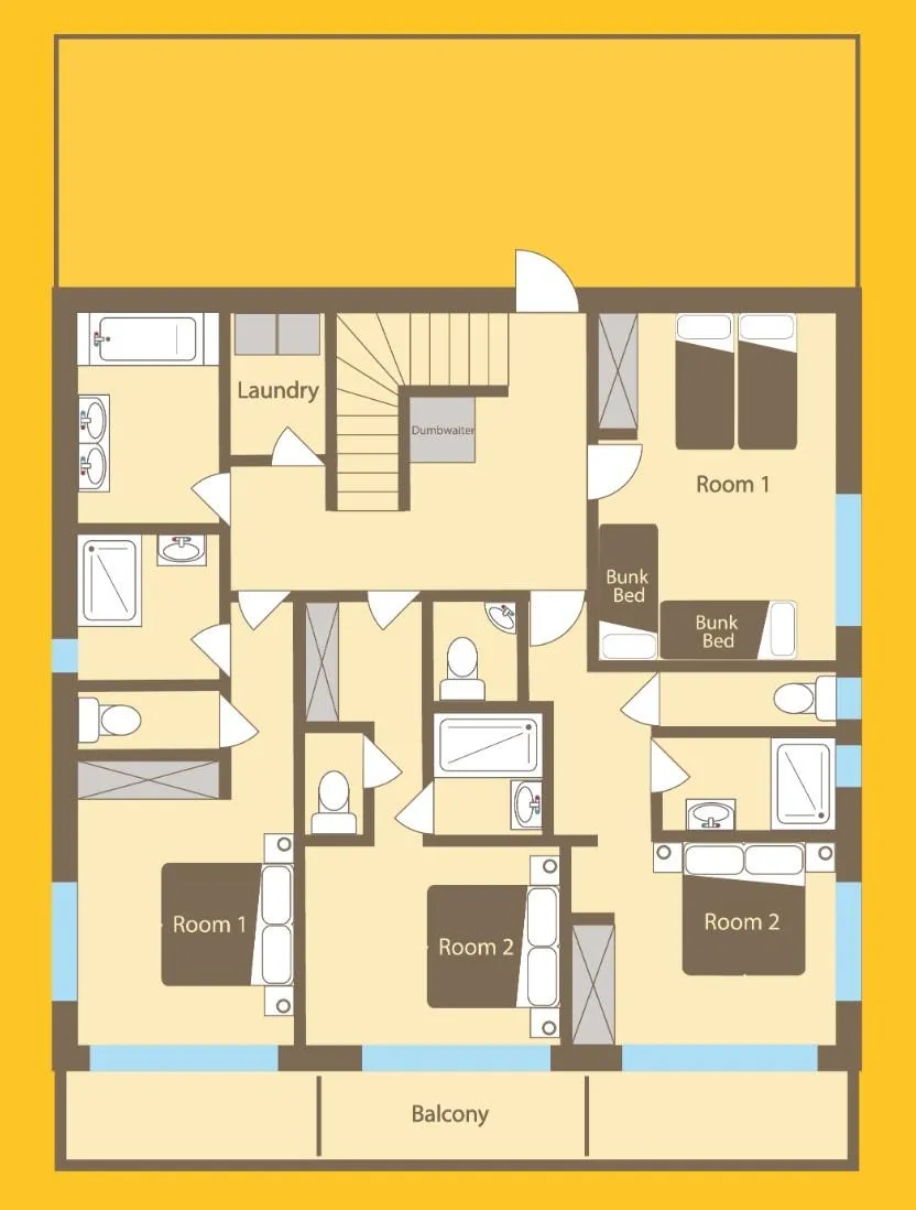 First-floor plan with the family room, three double bedrooms, four bathrooms, laundry and balcony
