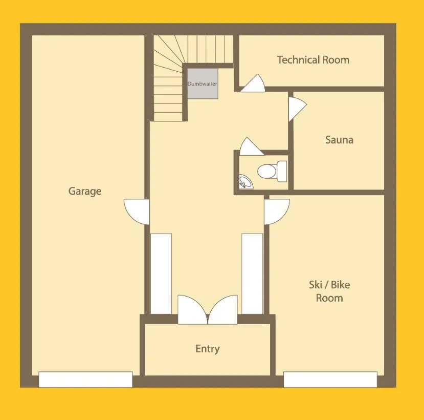 Ground-floor plan with garage, ski and bike room, sauna and separate WC