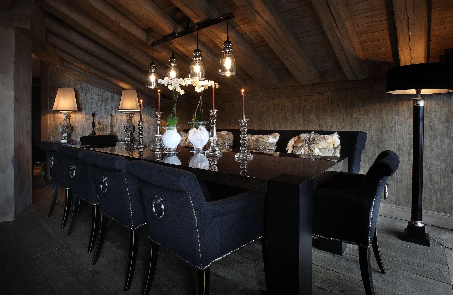 Dining table with seating for 10 and vaulted wood ceiling