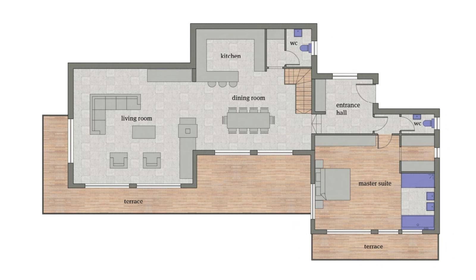 Main floor plan: open living area, master suite, and wraparound terrace