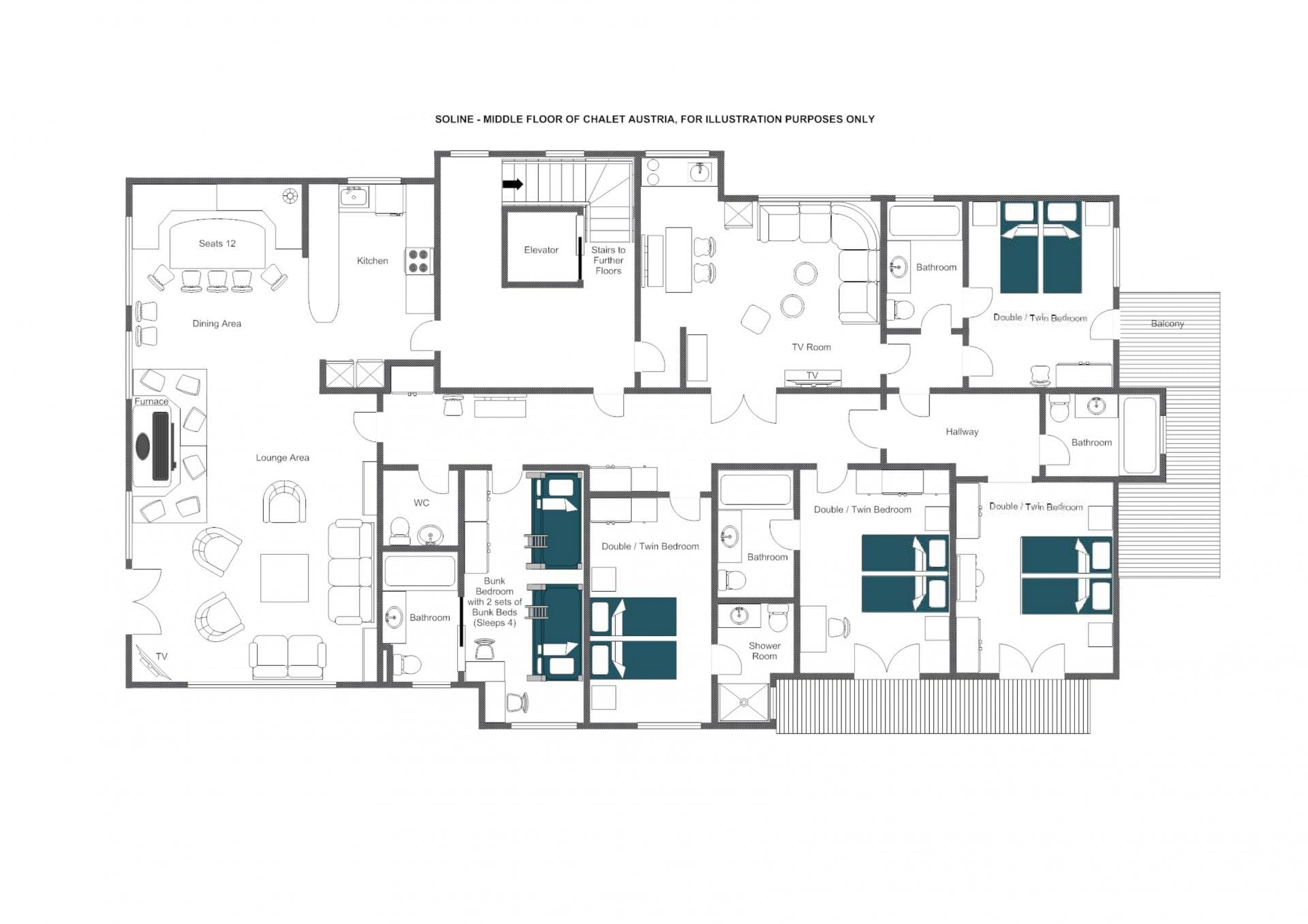 Middle floor layout: four bedrooms, elevator access, and dining for 12