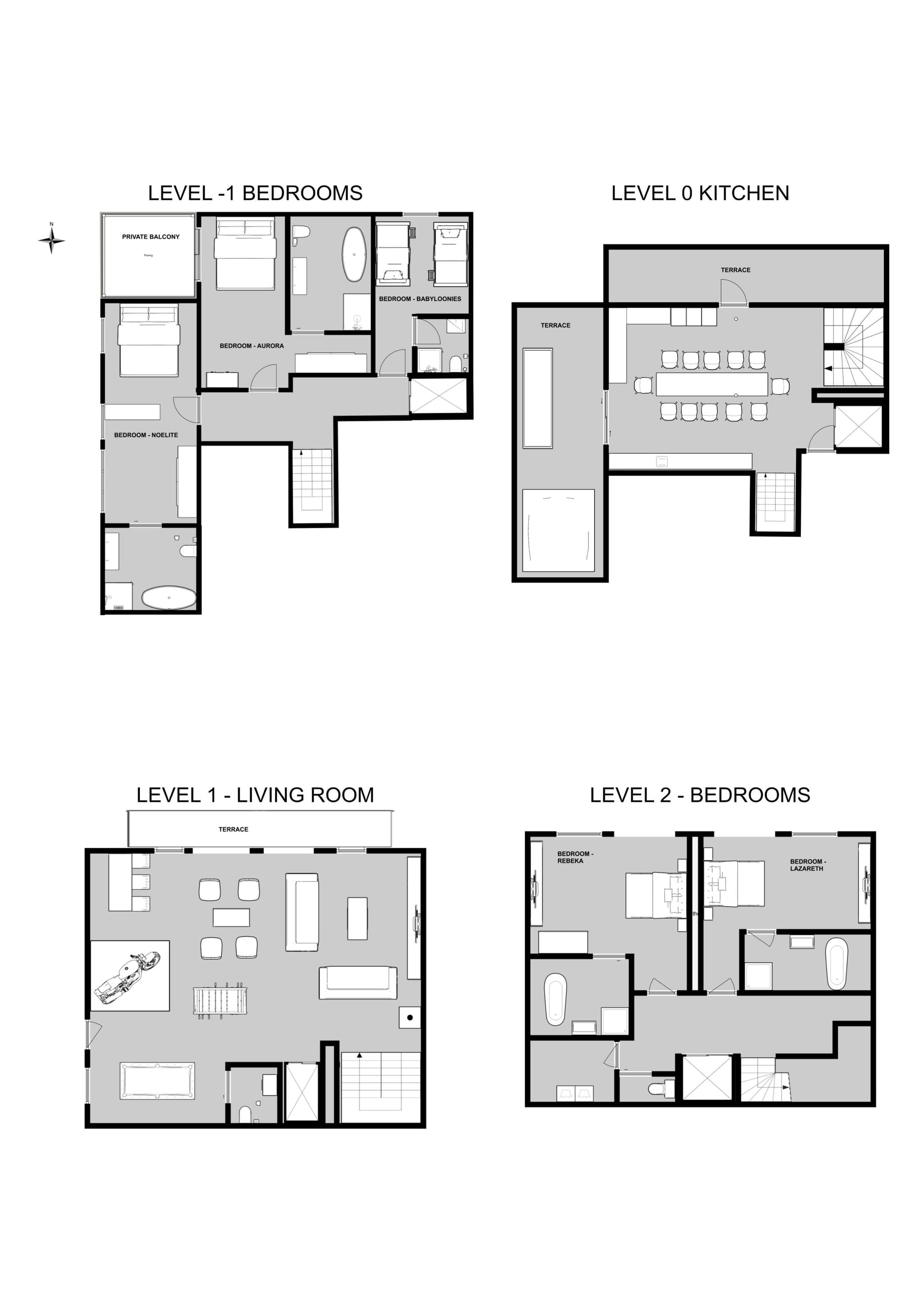Four-story floor plan: kitchen, living room, five en-suite bedrooms, and multiple terraces