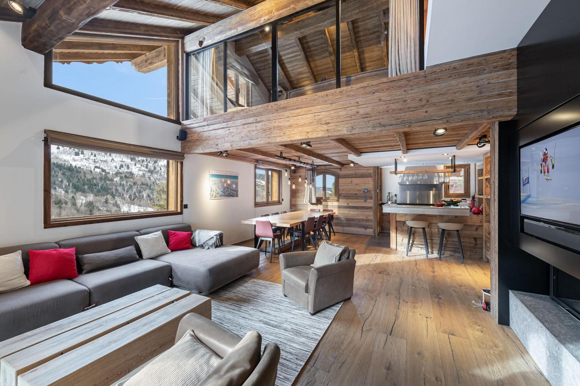 Open-plan living area with valley views and mezzanine loft