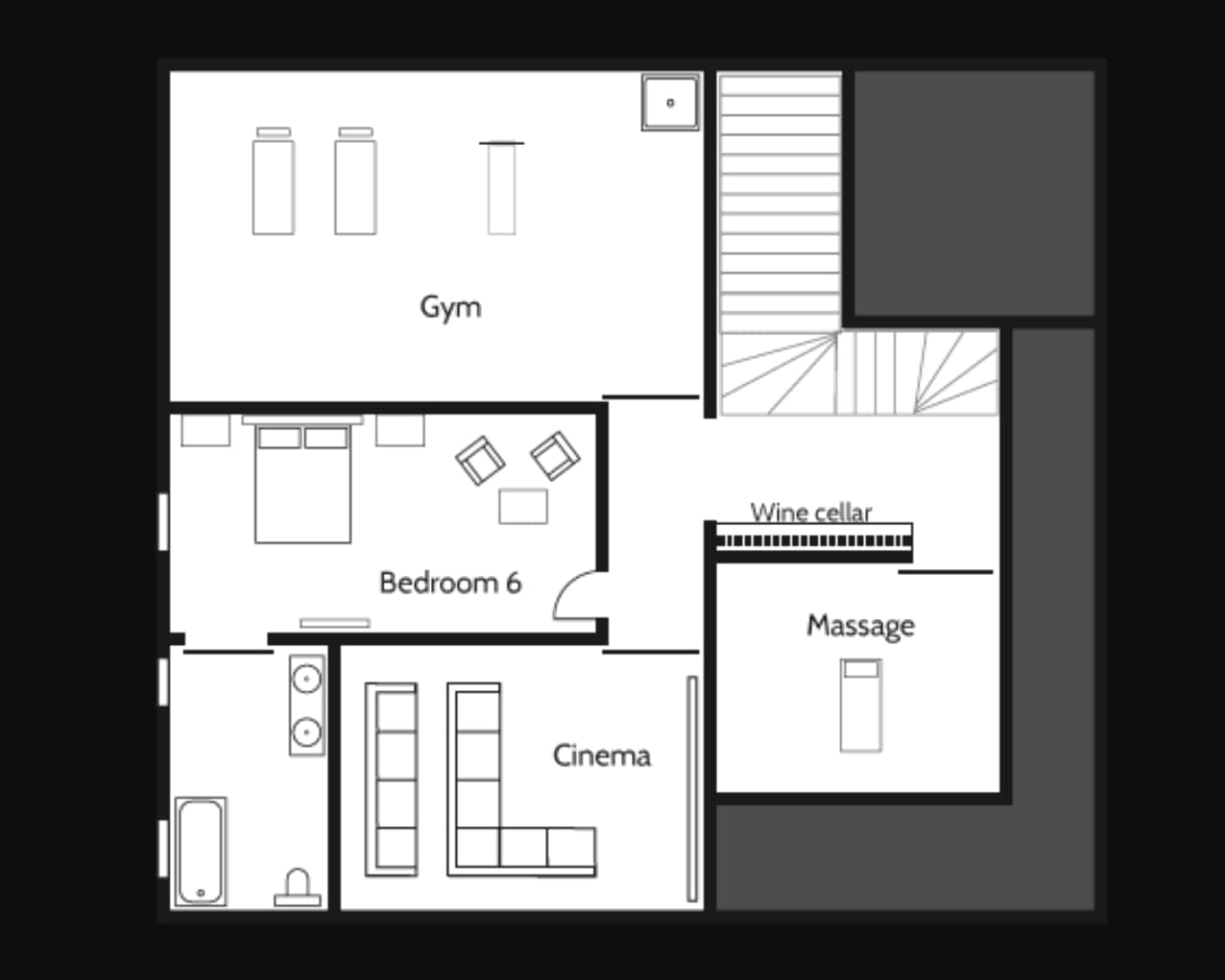 Lower level floor plan: gym, cinema room, wine cellar, and massage room