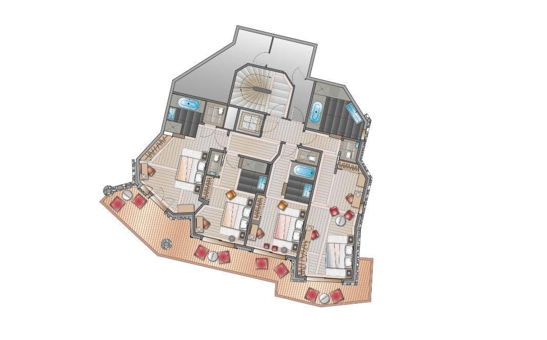 Upper floor plan: four en suite bedrooms and wrap-around balcony