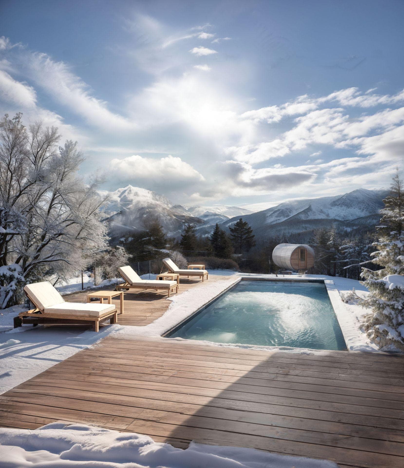 Heated outdoor pool and barrel sauna with panoramic mountain views