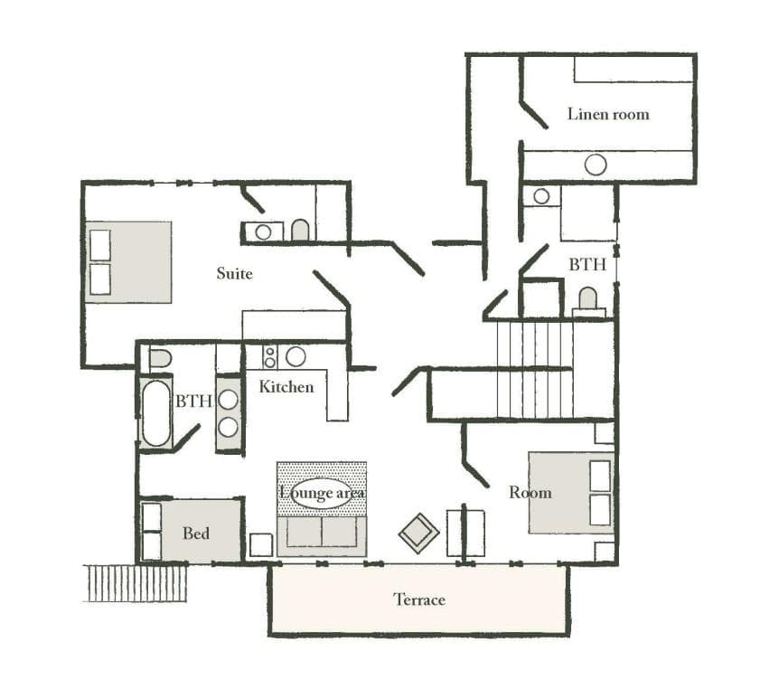 Floor plan with three bedrooms, three bathrooms, and terrace access
