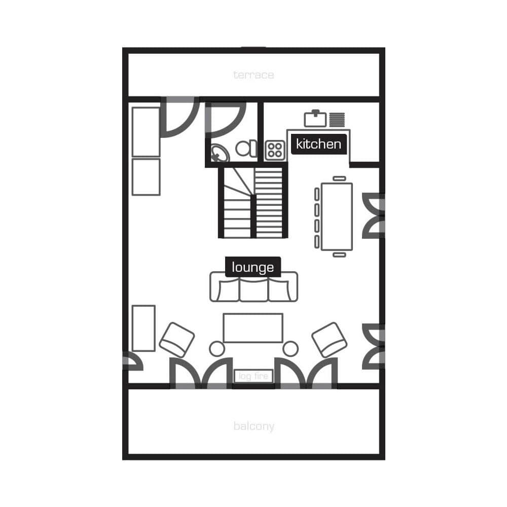 Floor plan: kitchen, dining for six, lounge with log fire, terrace, and balcony
