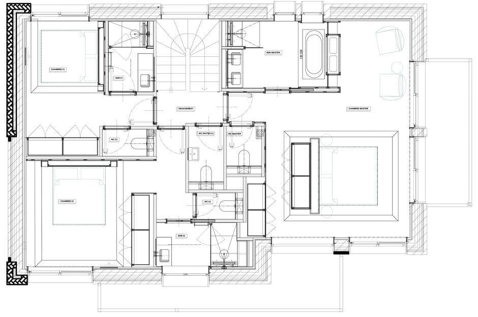 Upper floor plan: master suite with soaking tub plus two en-suite bedrooms