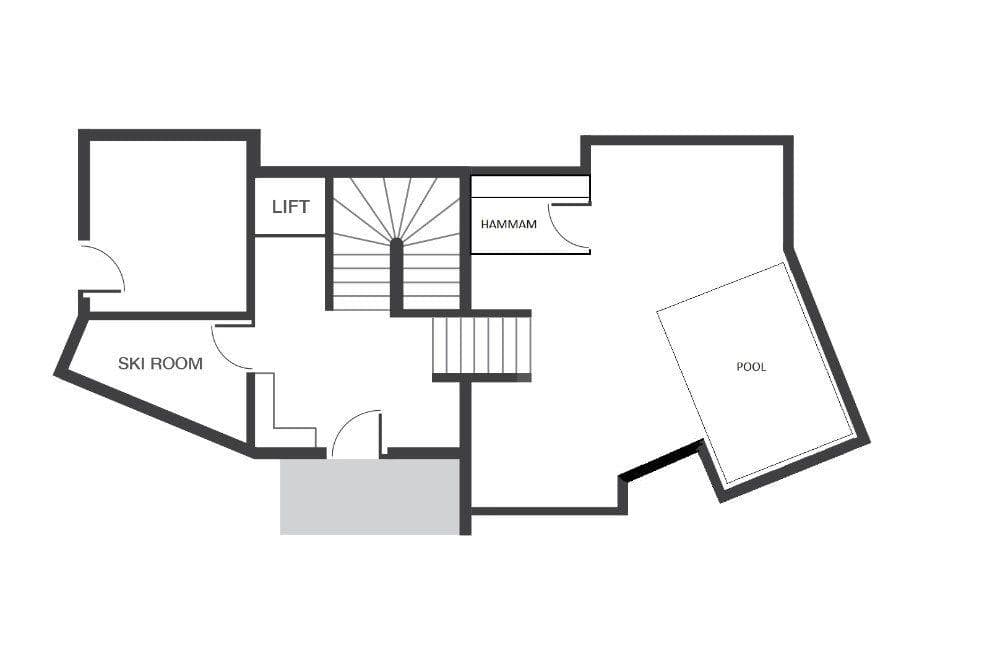 Lower level floor plan: indoor pool, hammam, ski room, and lift access