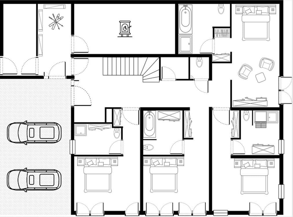 Ground floor layout: four bedrooms with en suites, 2-car garage, and ski storage