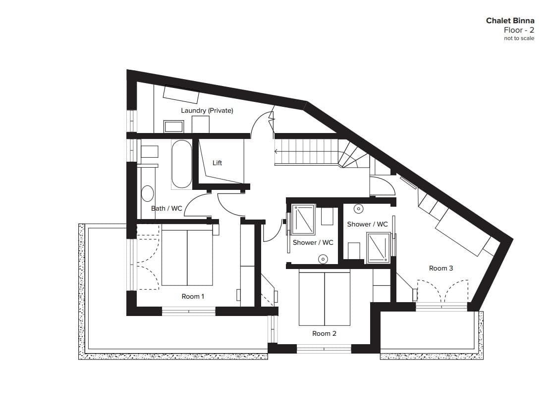 Floor -2 layout: three en suite bedrooms, private laundry, and lift access
