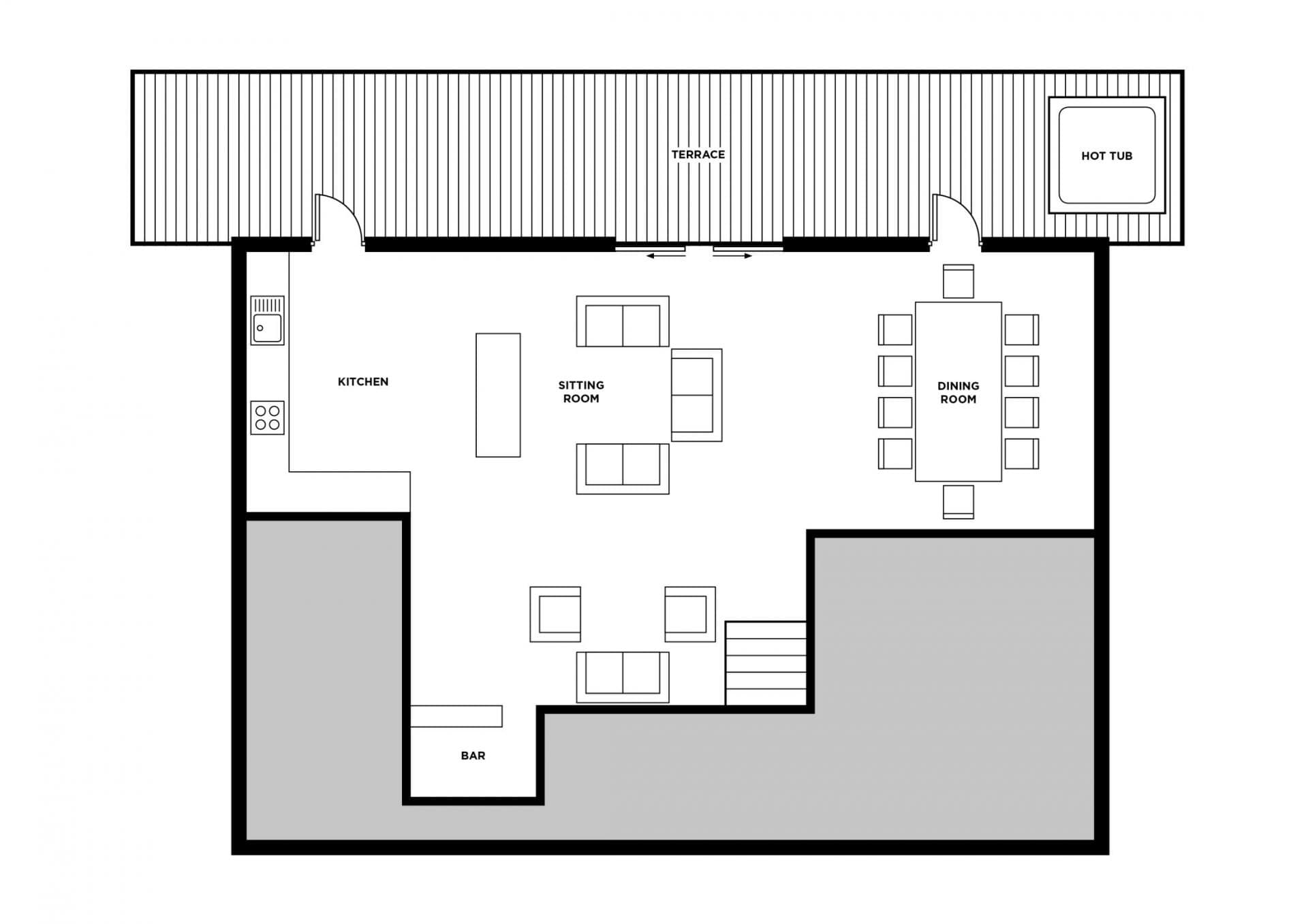 Floor plan: open-plan living, dining for 10, and terrace with hot tub