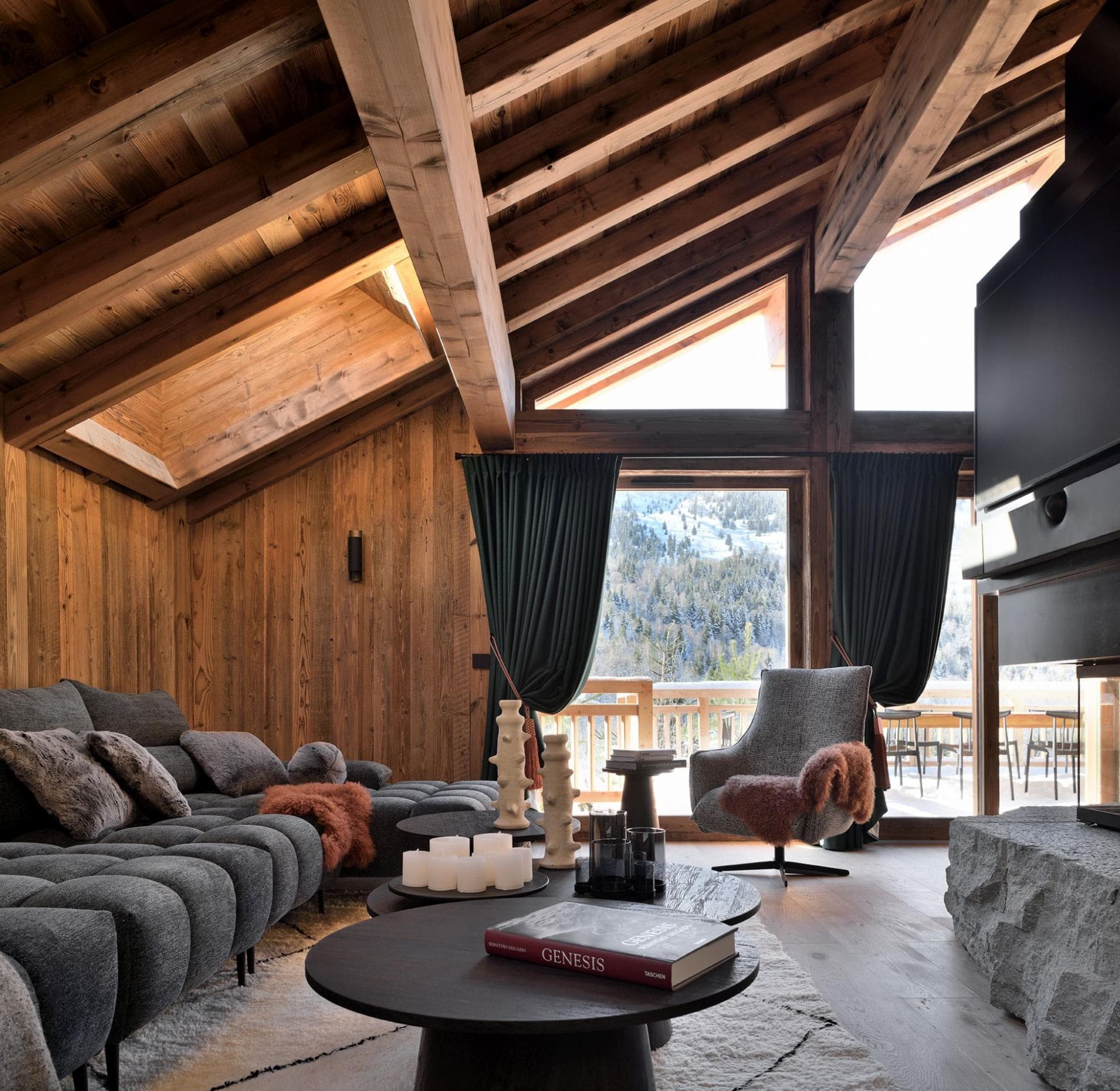 Living room with vaulted wood ceiling, valley views, curved sectional seating for 6+