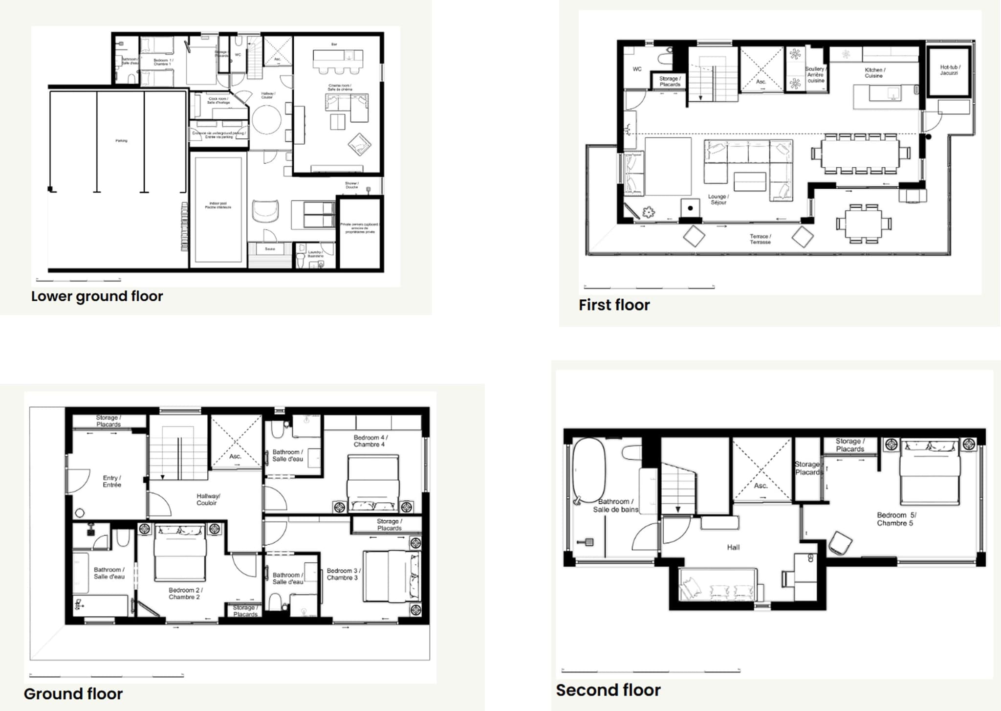Floor plans: four levels showing pool, theater, five bedrooms, and elevator access