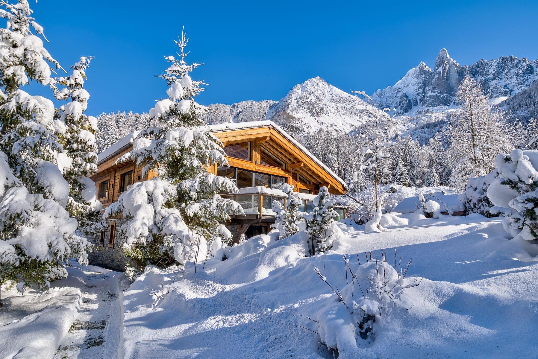 Ski-in chalet exterior with timber framing and direct mountain views