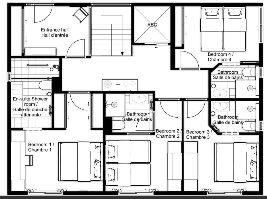 Floor plan: four bedrooms, three bathrooms, and private en-suite for primary bedroom