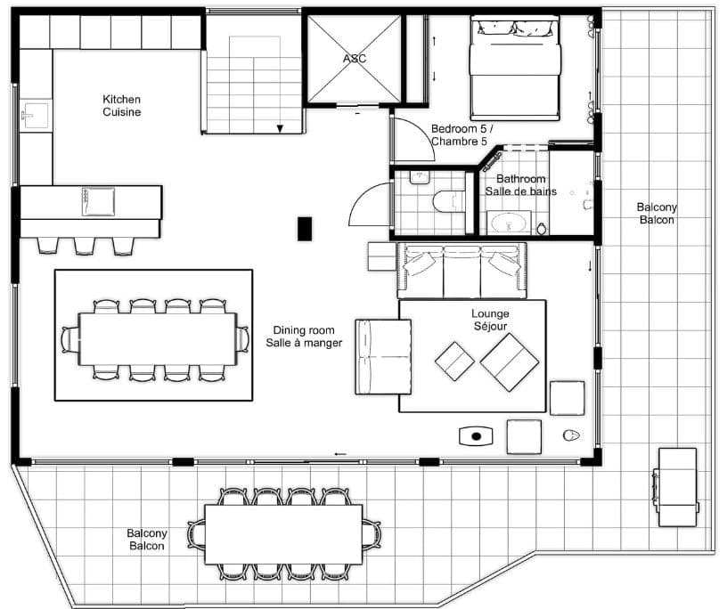 Floor plan: open-plan living, dining for 10, bedroom, and wrap-around balcony