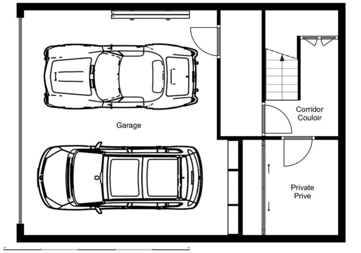 Two-car garage with internal staircase and private storage area
